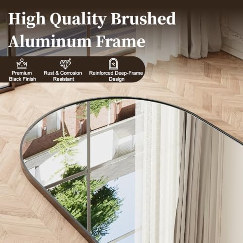 Krymnar 76"x35" Arched Full Length Mirror, Brushed Black Aluminum Frame Floor - Image 4
