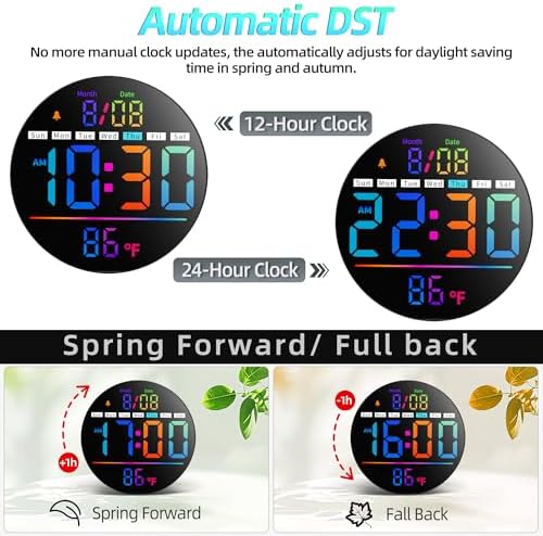 8in Round Digital Wall Clock, RGB Color Display, Auto DST, Temperature - Image 5