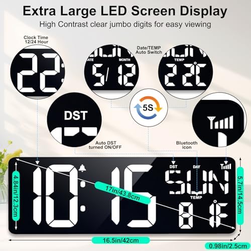 XREXS 17.2" Digital Wall Clock Bluetooth Sync Time - Image 3