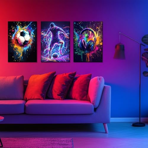 3PCS Soccer Canvas Wall Art Neon Color Splash wall decor pictures - Image 4