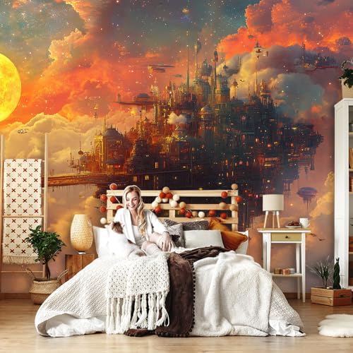 Warm Orange Gold Large Wall Mural Wallpaper Floating City in Clouds Steampunk - Image 3