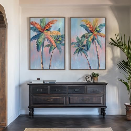 Large Framed Coastal Colorful Palm Tree Wall Art - Image 2