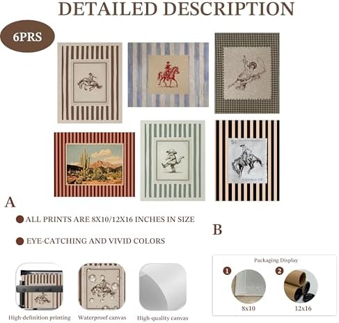ZHARGL Vintage Western Posters Wall Art Set of 6, Striped Cowboy Canvas Wall - Image 4