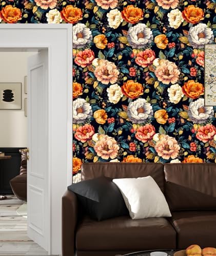 BOKEBEVE Floral Wallpaper Peel and Stick Boho Colorful Black 17.5 x 393.5In - Image 6