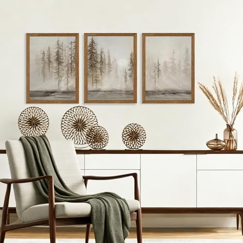 Urmoya Triptych Neutral Misty Forest Framed Canvas Wall Art, 12x16 inch x3 - Image 4