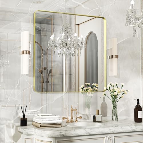 Gold Bathroom Mirror 32x32 Inch, Wall Mounted Vanity Mirror by FunMemories