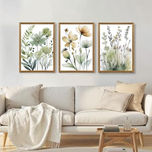 SYWENNOI Triptych Watercolor Botanical Framed Canvas Wall Art 16x24 inch x3 - Image 2