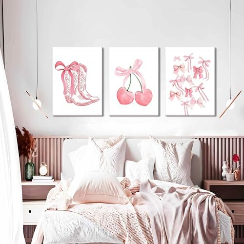 Fashion Pink Bows Wall Art Set of 3, Preppy Watercolor Cherry Cowboy Boots Wall - Image 5