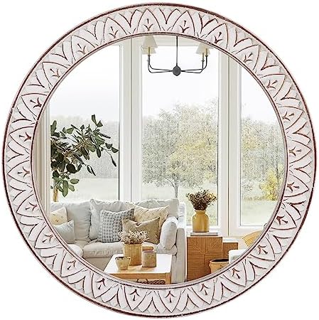 24" Round Mirror Farmhouse Wooden Frame Circle Mirrors, Rustic Decorative by FuxuiwyRoundWallMirror