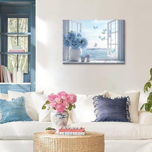 Open Window Canvas Wall Art Blue Hydrangea Floral Vase Butterfly Wall Decor - Image 6