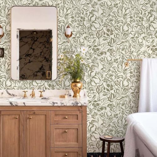 Ismoon Vintage Floral Wallpaper Peel and Stick Beige and Green Contact Paper - Image 5