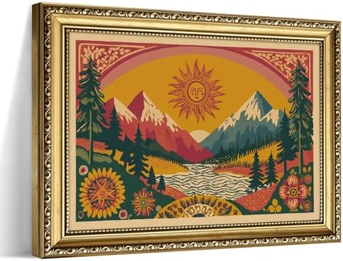 Gold Framed Boho Canvas Wall Art, Abstract Mountain Sun Print by Unknown