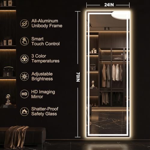 Delma LED Full Length Mirror, Dimmable & 3 Color Lighting, - Image 4
