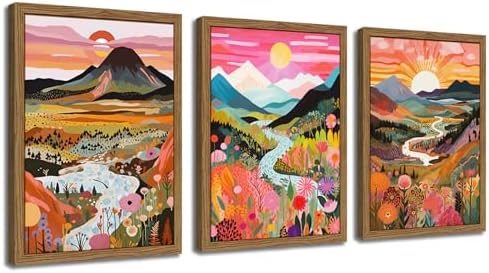 Wood Framed Boho Colorful Landscape Canvas Wall Art Set of 3 by Unknown