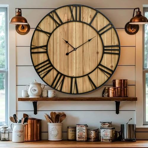 EMAX HOME Large Farmhouse Wall Clock 24 Inch Vintage Brown Wooden Wall Clock - Image 6