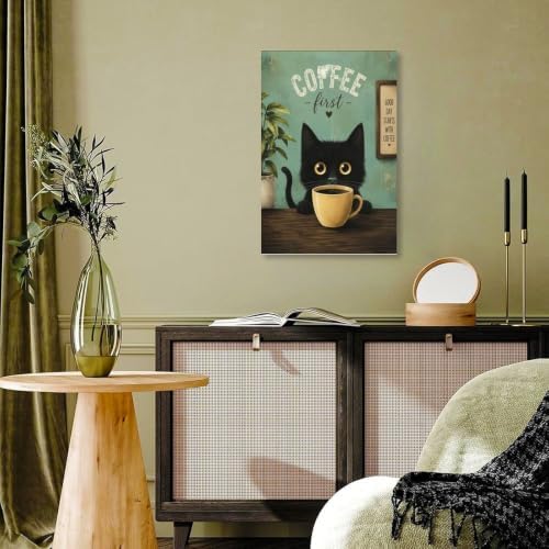 Coffee Cat Poster Black Cat Coffee Lover Vintage Canvas Wall Art - Image 7