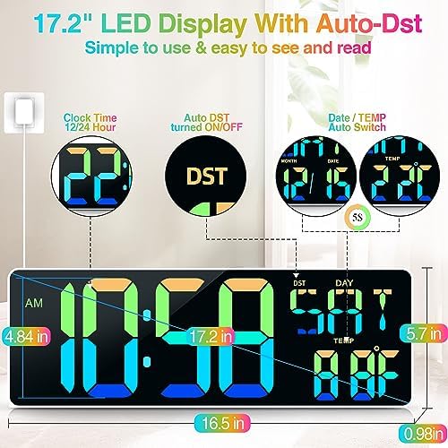 17.2" Large Digital Wall Clock 10 RGB Colors 9 Group Timer Remote Control - Image 3