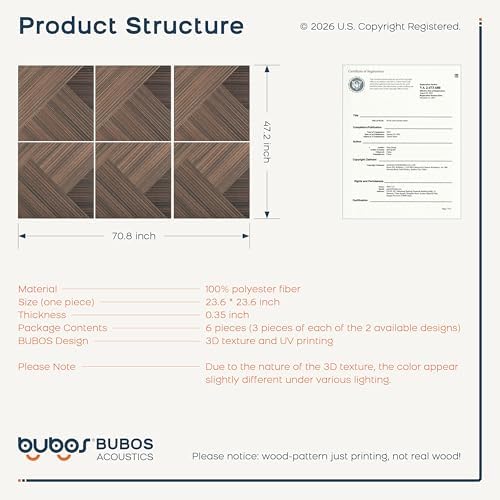 BUBOS 6 Pack Wood Wall Panel, 23.6"x23.6" Peel and Stick Faux Acousitc Panel - Image 3