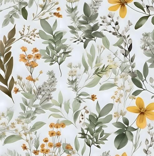 Laatse Vintage Green Yellow Wild Floral Botanical Wallpaper 17.5"x393" by Laatse