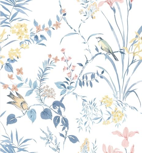 Erfoni Boho Floral Peel and Stick Wallpaper Blue Floral Birds Contact Paper by Erfoni