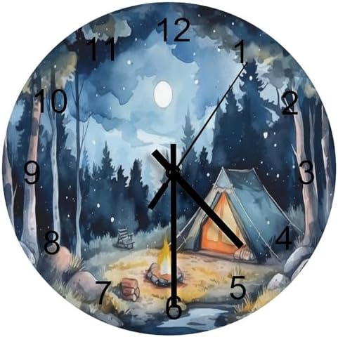 Forest Wall Clock Silent Non Ticking Battery Operated, Watercolor Mountain by LOMADIA