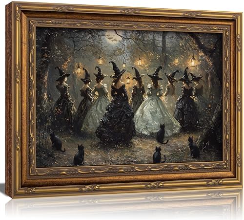 Vintage Gold Framed Canvas Wall Art Dark Academia Gothic Black Cat Painting by Gothicart