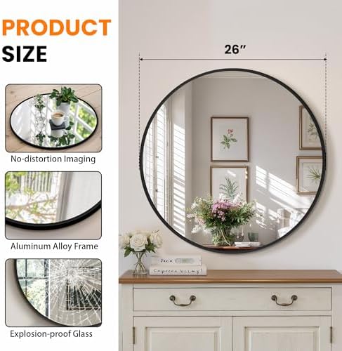 TRAHOME Black Round Bathroom Mirror, 2 Pack 26” Vanity Circle Wall Mirror - Image 2