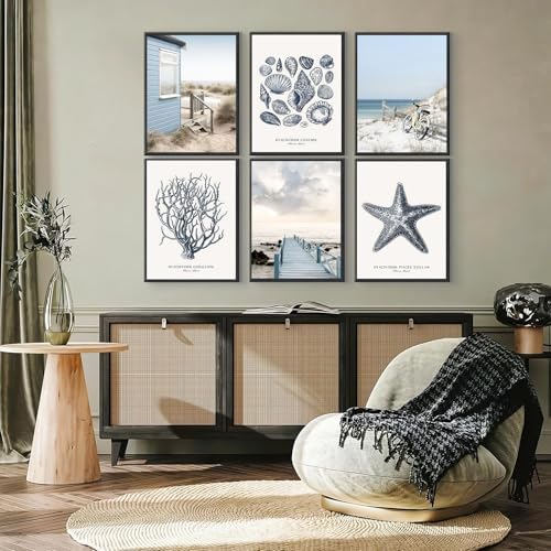 6Pcs Blue Beach Wall Art Preppy Beach Hut Wall Decor Pictures Ocean Boho Reed - Image 3