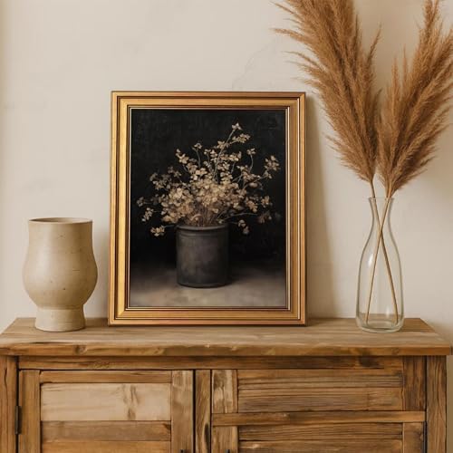 Gold Framed Moody Floral Wall Art, Vintage Fall Dried Flowers Vase Pictures - Image 5