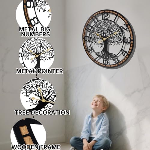 Dankeit Tree of Life Wall Clock, 24Inch Metal Black Family Tree Oversized Wood - Image 3