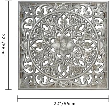 XIAOAIKA Boho Carved Wood Wall Art Panel, Floral Mandala, Distressed Silver - Image 3