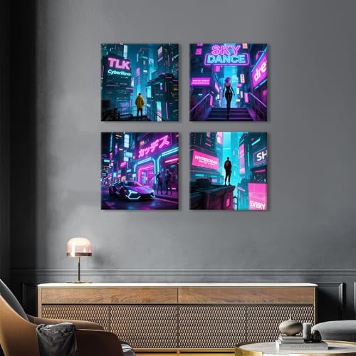4 Piece Anime Wall Art Boy Room Wall Decor Purple Cyberpunk Canvas Decor - Image 2