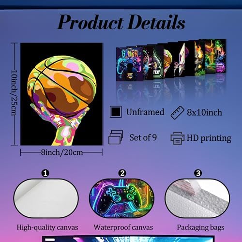 Neon Gamer and Basketball Wall Art Set of 9, Cool Gaming Headset Skull - Image 3