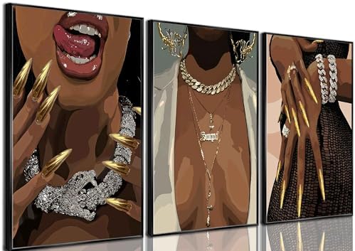 HHN 3 Pcs Black Woman Wall Art African American Black Female Pictures by HHN