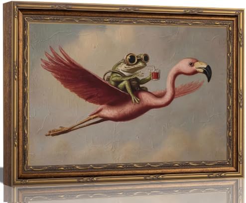 Gold Framed Funny Frog Flamingo Canvas Wall Art 9X11 inch by Livingroomwallart