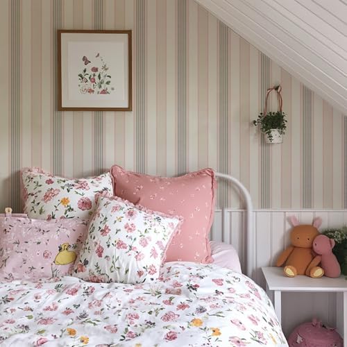 RollsRolla Modern Pink and Beige Stripe Peel and Stick Wallpaper - Image 6