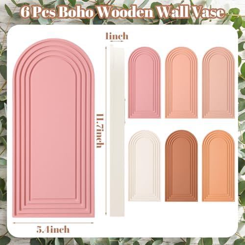 6 Pack Boho Wall Vase Wooden Hanging Planters, Light Colors - Image 3