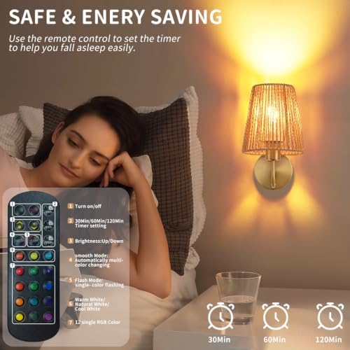 Boho Battery Operated Wall Sconces Set of 2, 15 Colors and Dimmable, Cordless - Image 7
