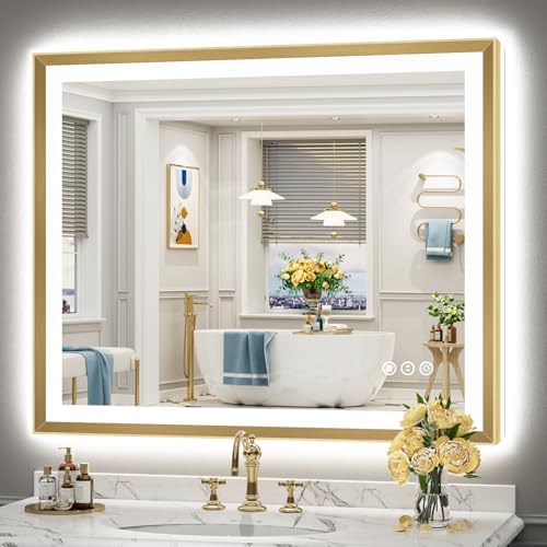 44x36 Gold Beveled LED Lighted Bathroom Mirror, Backlit & Front Lit by Awandee
