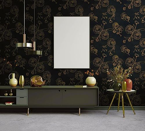 Safiyya Wallpaper Gold and Black Contact Paper Floral Peel and Stick Modern - Image 4