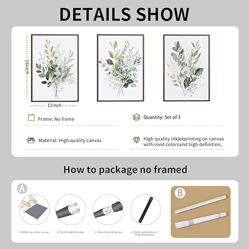 tgguytiy Sage Green Botanical Wall Art Set of 3, Eucalyptus Leaf Boho Plant - Image 3