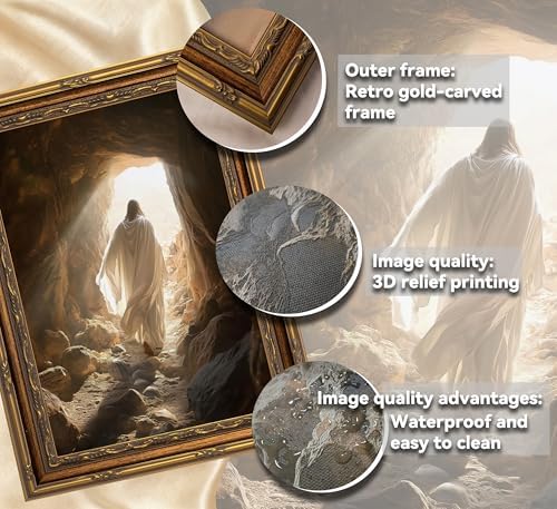 3D Textured Canvas Wall Art Vintage Carved Gold Frame Christian Jesus - Image 3