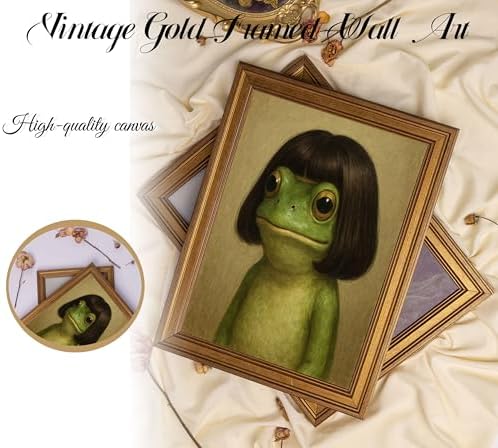 Vintage Gold Framed-Whimsical Frog Wall Art, Eclectic Frog Canvas Prints - Image 4