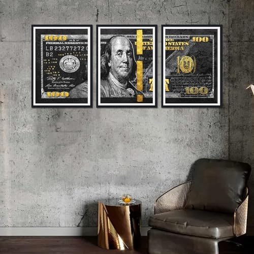 Money Wall Art Canvas Black Framed 100 Dollar Bill Painting 3 Panels - Image 5