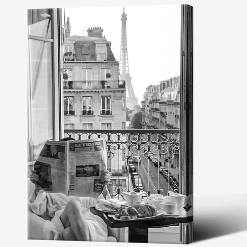 Vintage Girl Reading Newspaper Poster Eiffel Tower View Canvas Wall Art Retro by Unknown
