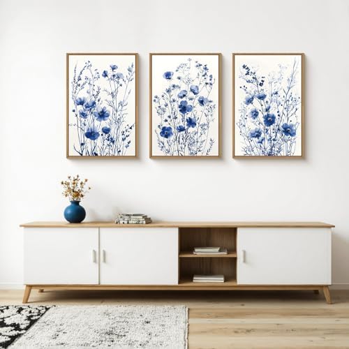 FWIEXA Blue White Wildflower Canvas Wall Art Set of 3, Framed Navy Chinoiserie - Image 4