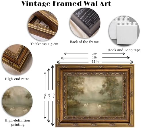 Vintage Gold Framed Swan Lake Wall art, Romantic Landscape Oil Painting Canvas - Image 3