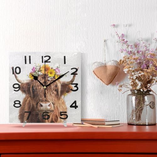 8 Inch Square Wall Clock, Beautiful Highland Cow Flower Spring Non Ticking - Image 4