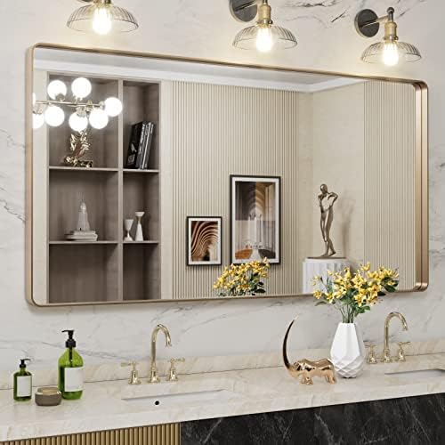 LOAAO 60”X30” Gold Bathroom Mirror, Rounded Rectangle Gold Frame Mirror by LOAAO