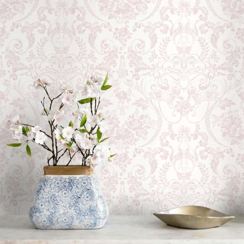 Peel and Stick Wallpaper for Bedroom Pink Damask Floral Self-Adhesive by Fiula